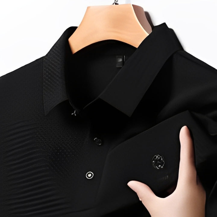 Polo coreano para hombre, cuello vuelto, logo en el pecho, tejido elástico en 4 direcciones