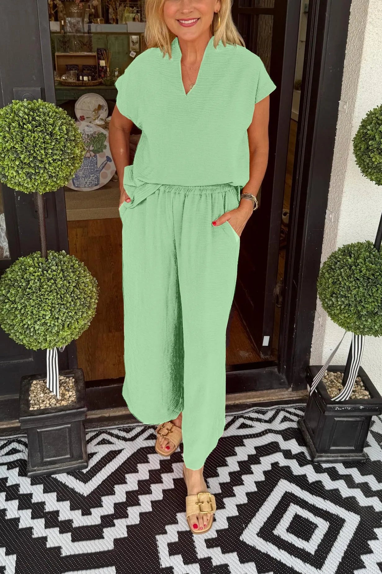 Conjunto de dos piezas informal de verano para mujer, ligero, con escote en V