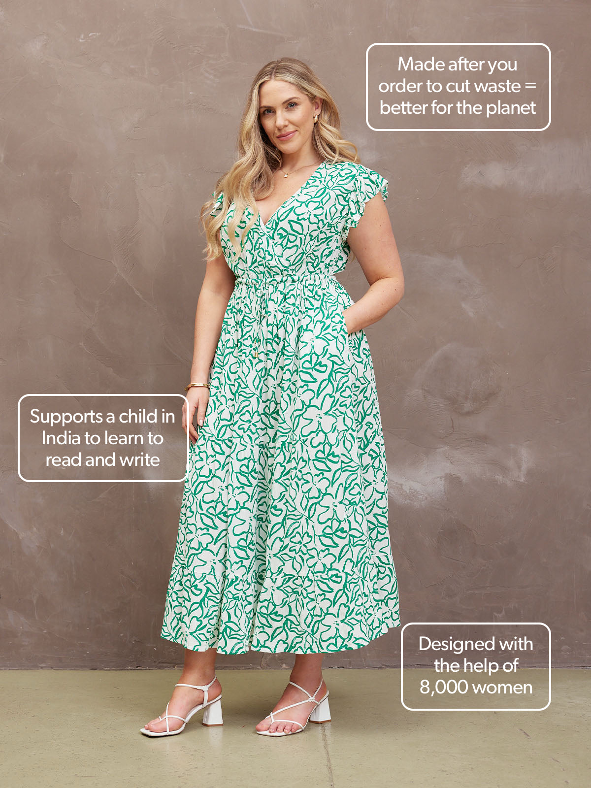 Model with size guides for the Susan wrap maxi dress