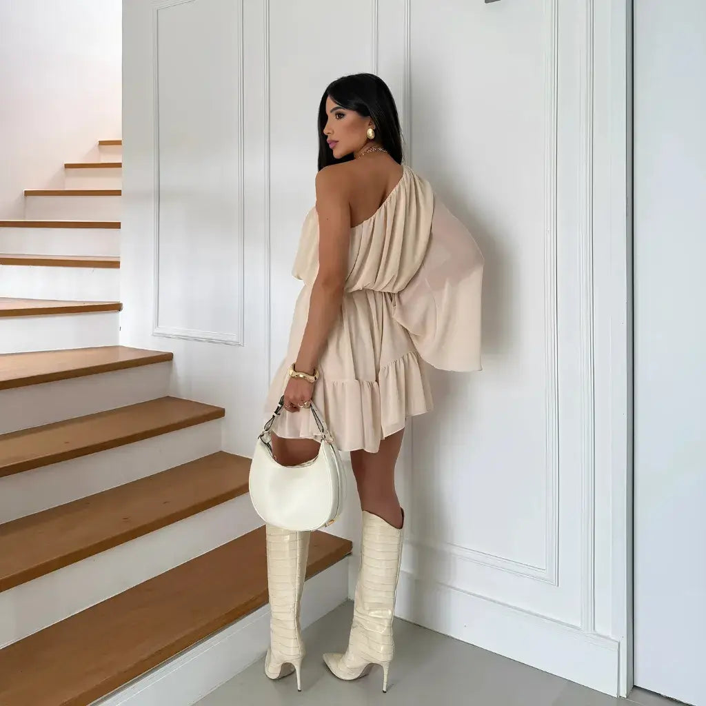 Vestido-Boho-Chic-Babado-Curto-Bege