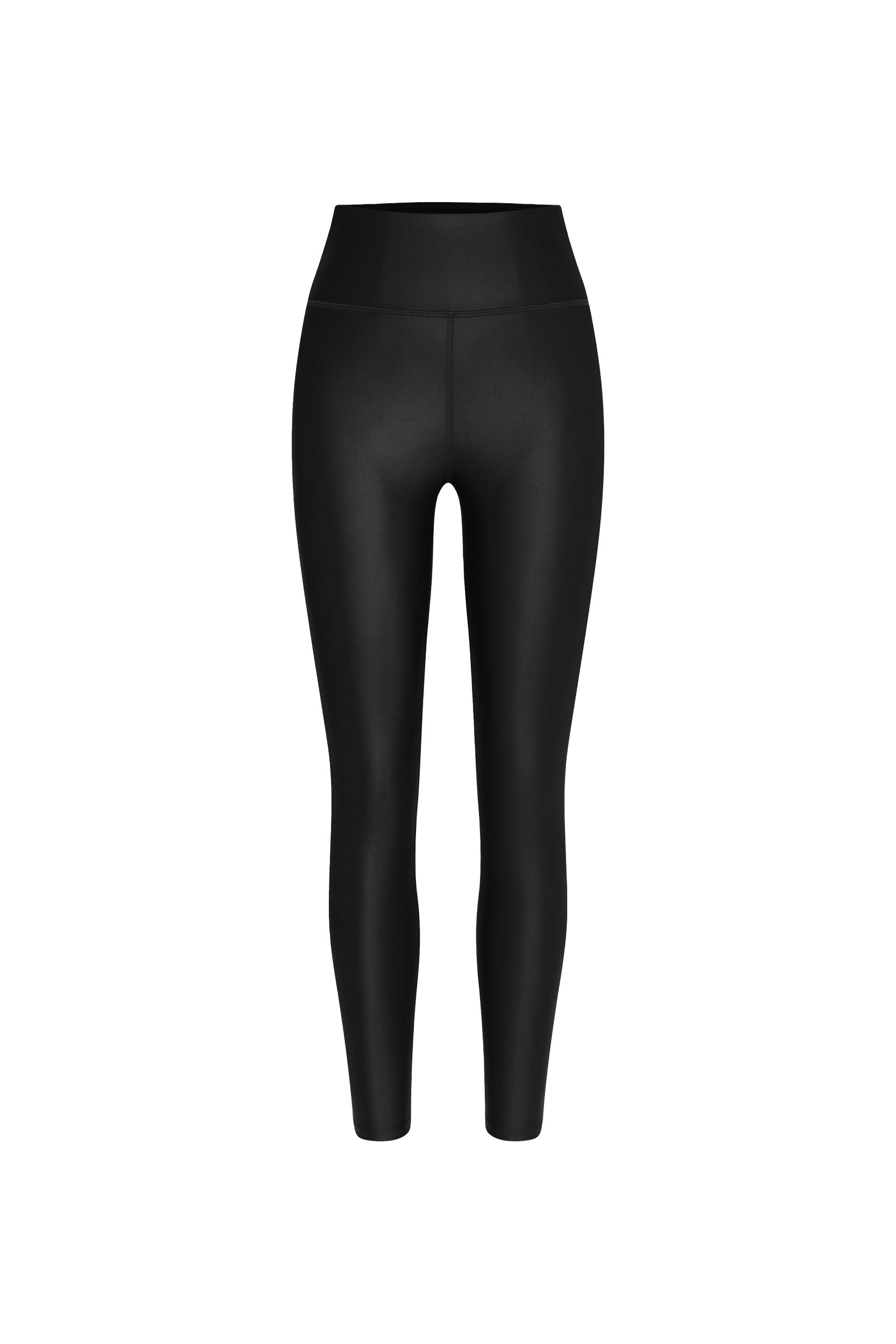 The Liquid Legging - Black Gloss, made from Brazilian fabric, is showcased against a white background. These high-waisted leggings feature a sleek and smooth texture with a glossy black finish, providing an ankle-length fitted silhouette.