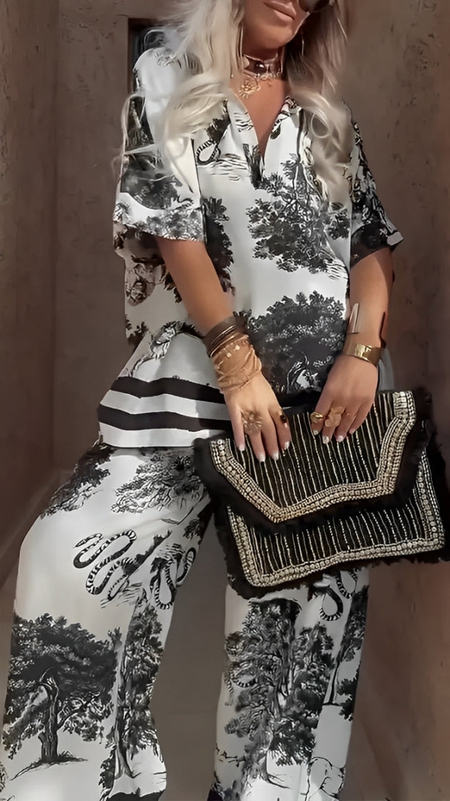 Conjunto casual de top con cuello en V y pantalón estampado para mujer