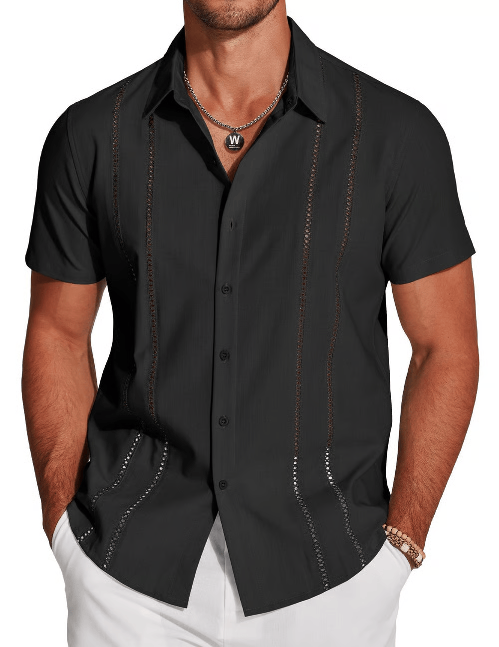 Camisa cubana con exquisitos botones bordados al frente para hombre