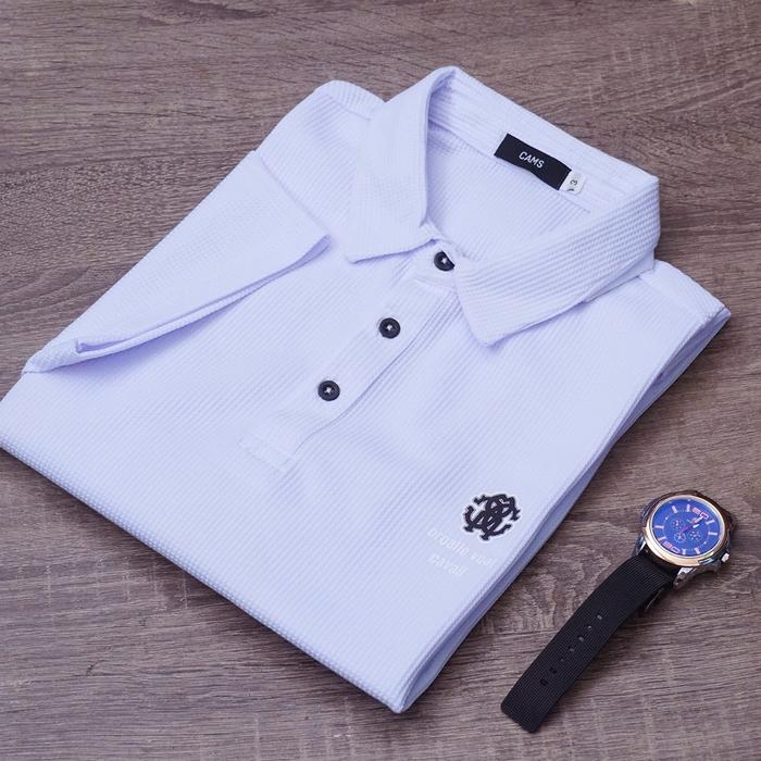 Polo coreano para hombre, cuello vuelto, logo en el pecho, tejido elástico en 4 direcciones