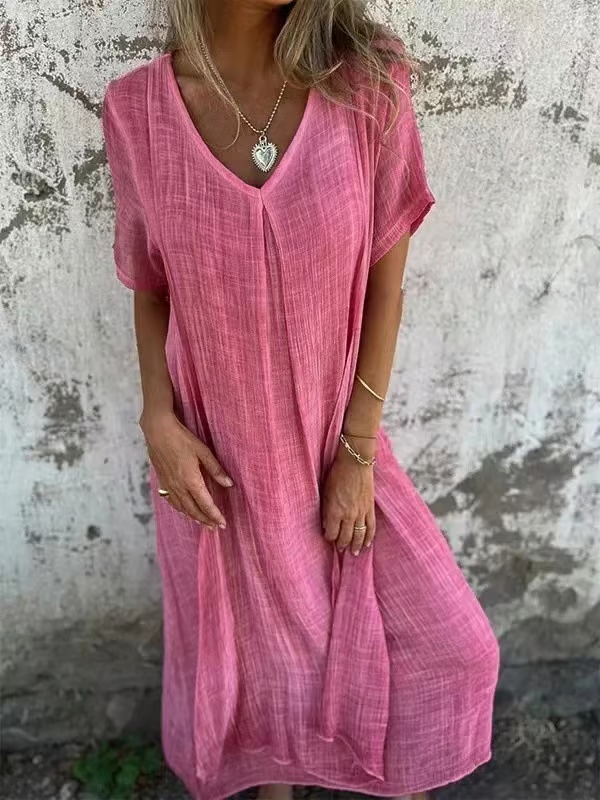 Vestido midi de algodón y lino con cuello en V (LIQUIDACIÓN)