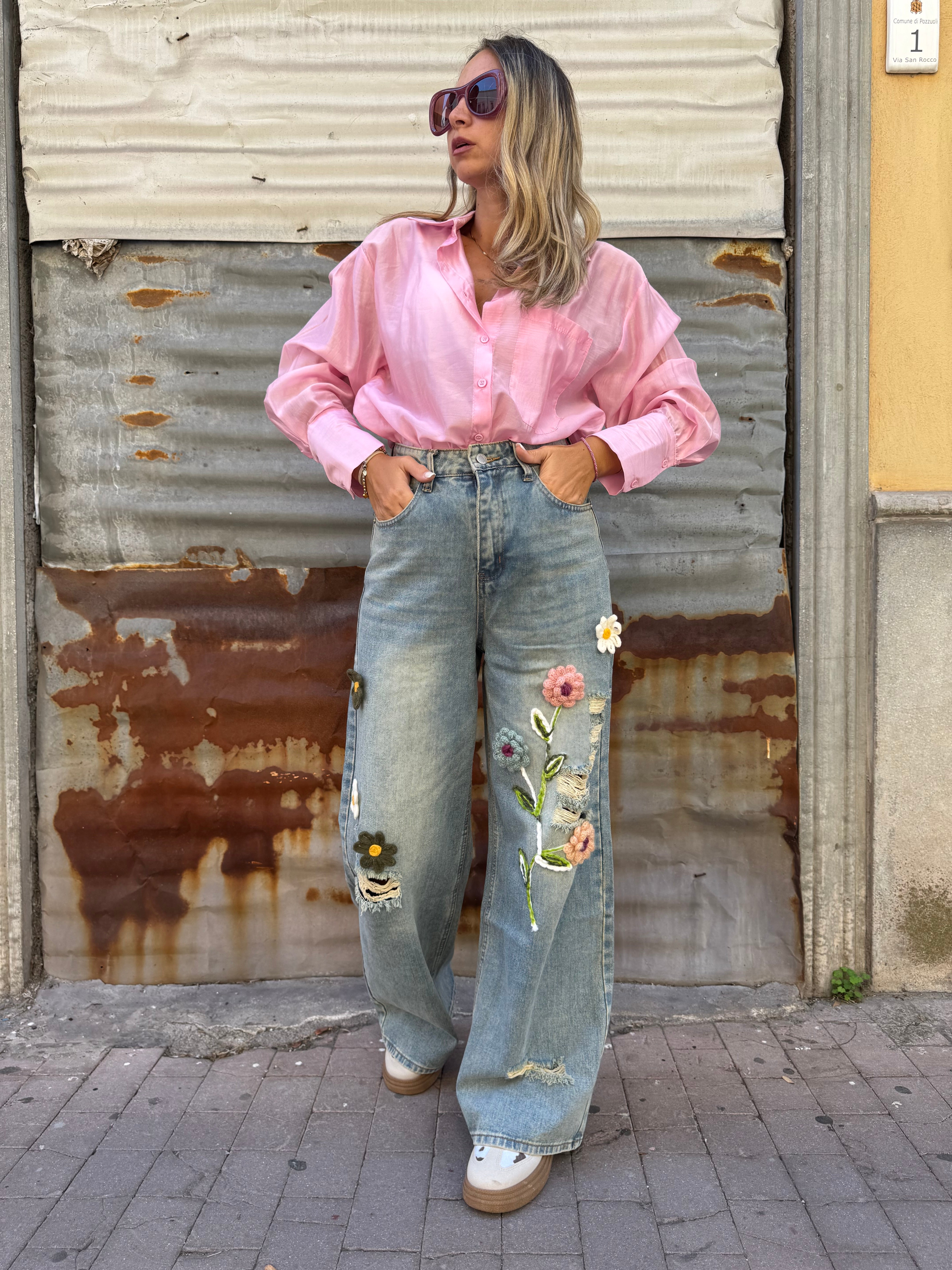 Jeans Flores Relieve