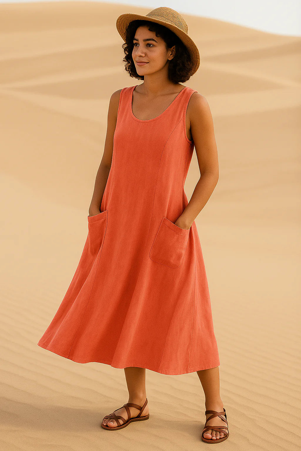 Vestido midi sin mangas con bolsillos delanteros