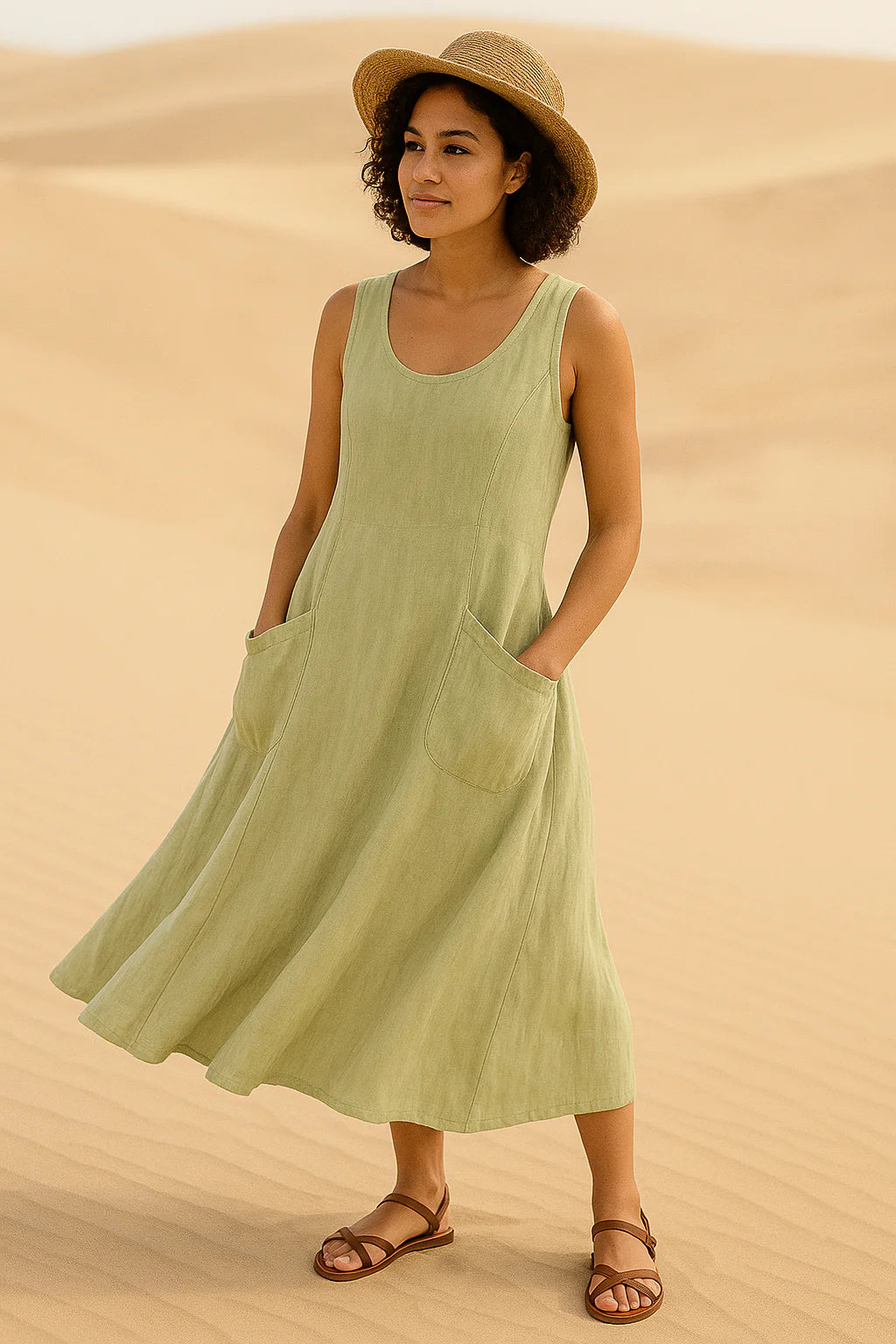 Vestido midi sin mangas con bolsillos delanteros