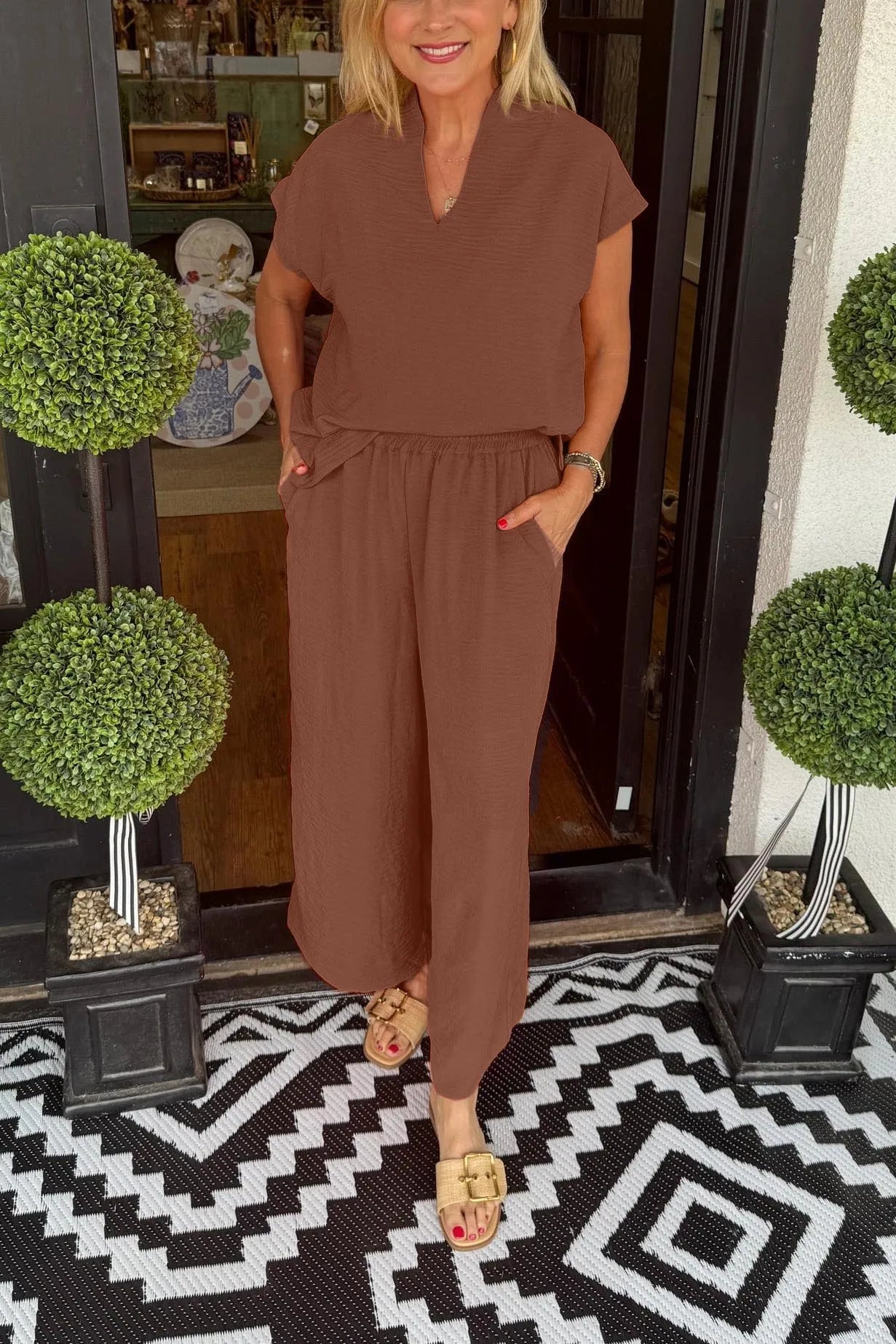 Conjunto de dos piezas informal de verano para mujer, ligero, con escote en V