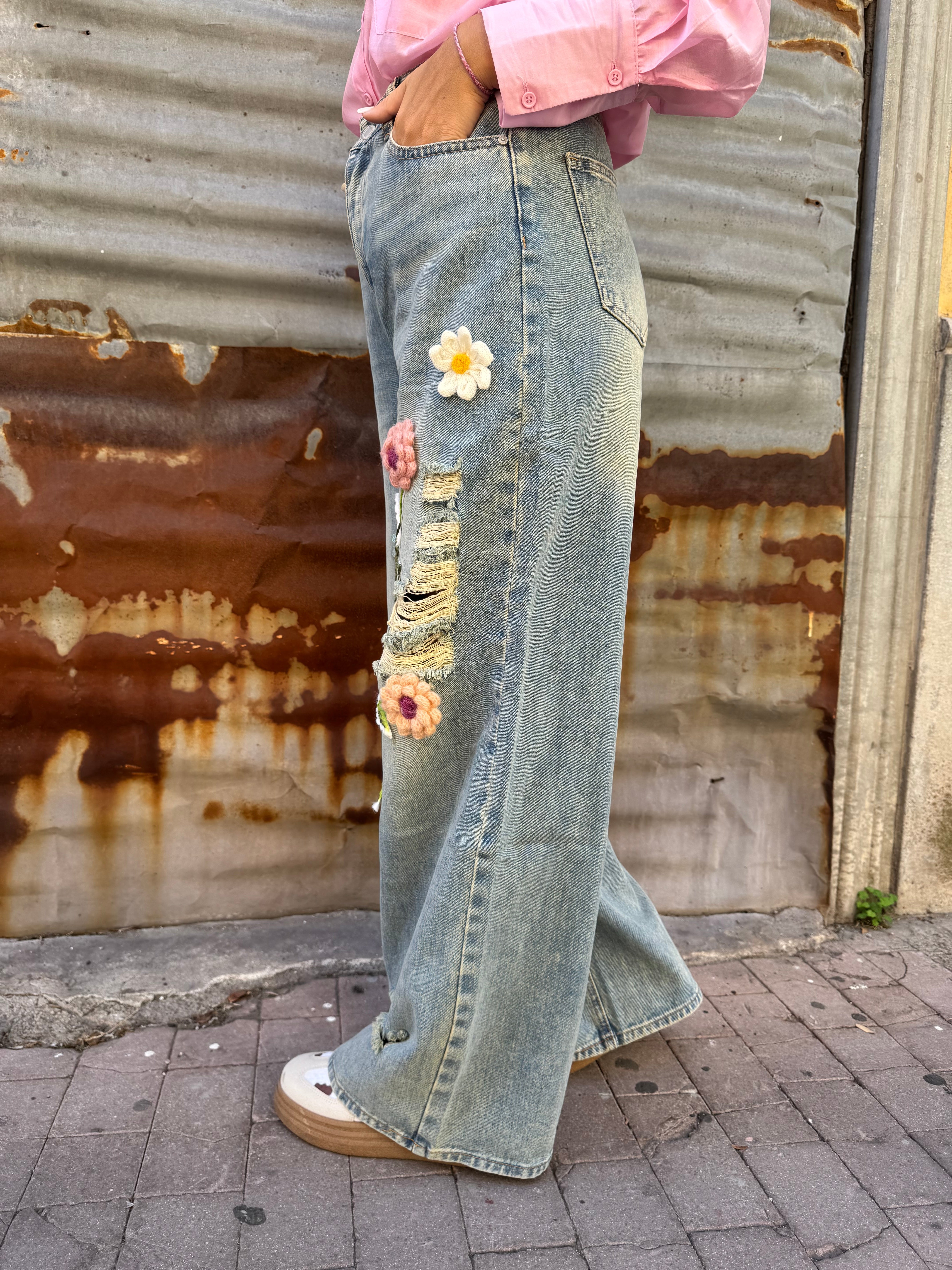 Jeans Flores Relieve