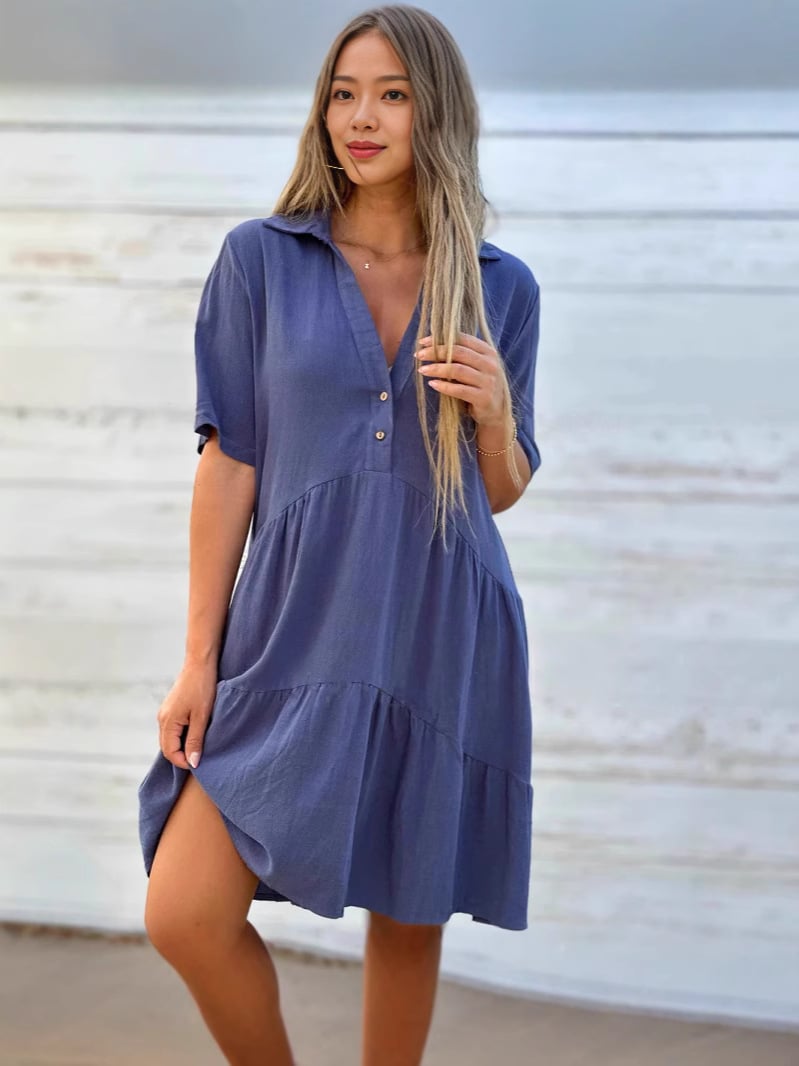 Vestido informal de manga corta de algodón y lino para mujer, holgado, liso y con solapas.