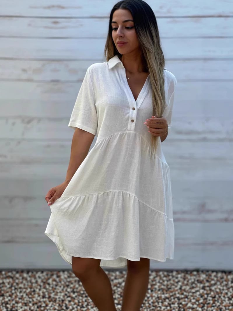 Vestido informal de manga corta de algodón y lino para mujer, holgado, liso y con solapas.