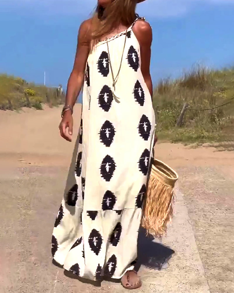casual print loose fit sleeveless halter neck maxi dress