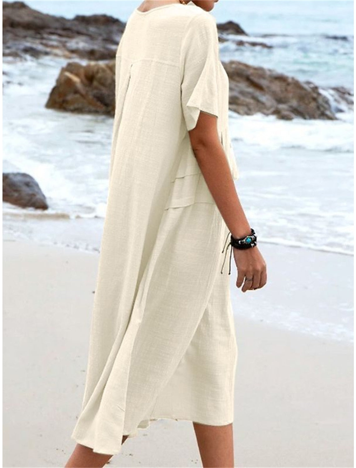 Vestido de mujer de cuello redondo de lino y algodón